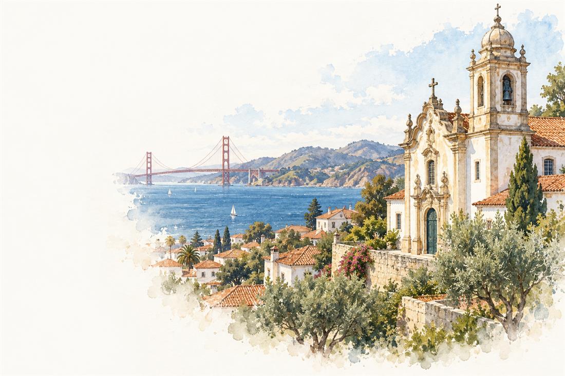 Watercolor of a Portuguese church overlooking a bay with the Golden Gate Bridge